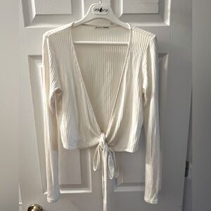Reformation White Ribbed Tie-Front Blouse